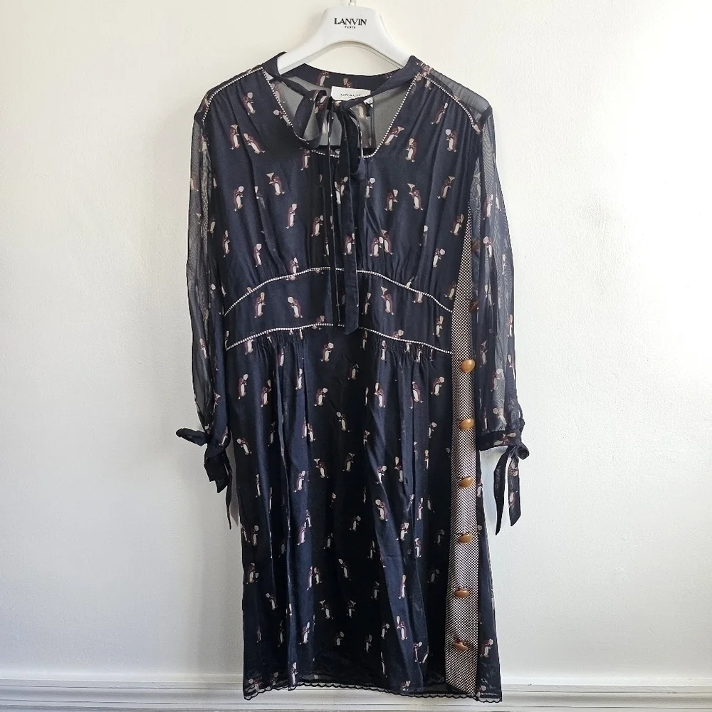 New Coach 1941 Penguin Print Tie Neck Knee Length Black Dress NWT Size 6 US